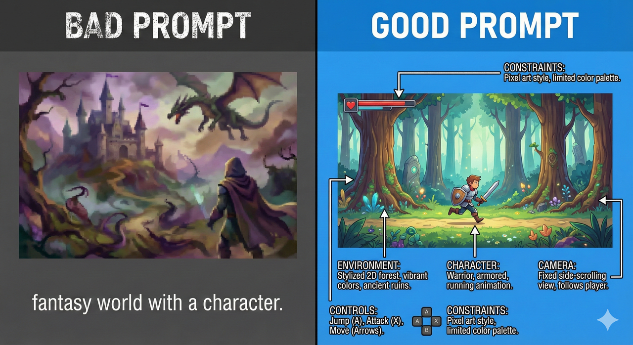 Split-screen prompt comparison: left panel shows a bad vague Genie 3 prompt producing a blurry chaotic world; right panel shows a good detailed prompt producing a clean stable side-scrolling scene with annotated callouts