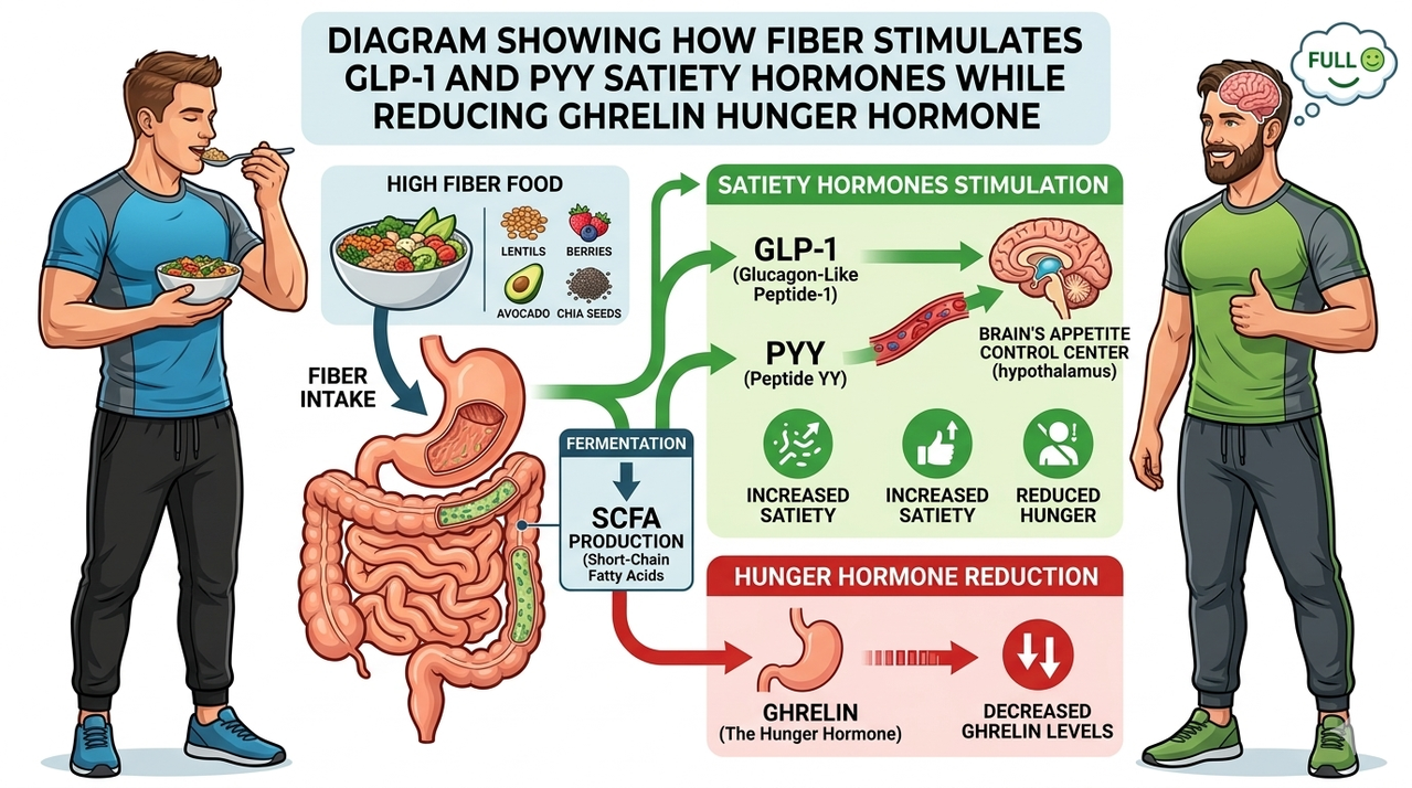 Diagram showing how fiber stimulates GLP-1 and PYY satiety hormones while reducing ghrelin hunger hormone in the body