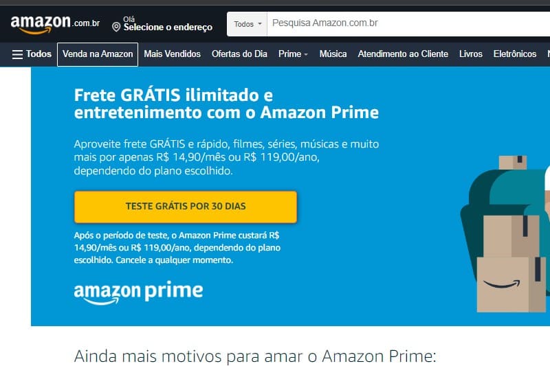 Seção do Amazon Prime do site da Amazon mostrando o botão de teste grátis por 30 dias e valores de assinatura