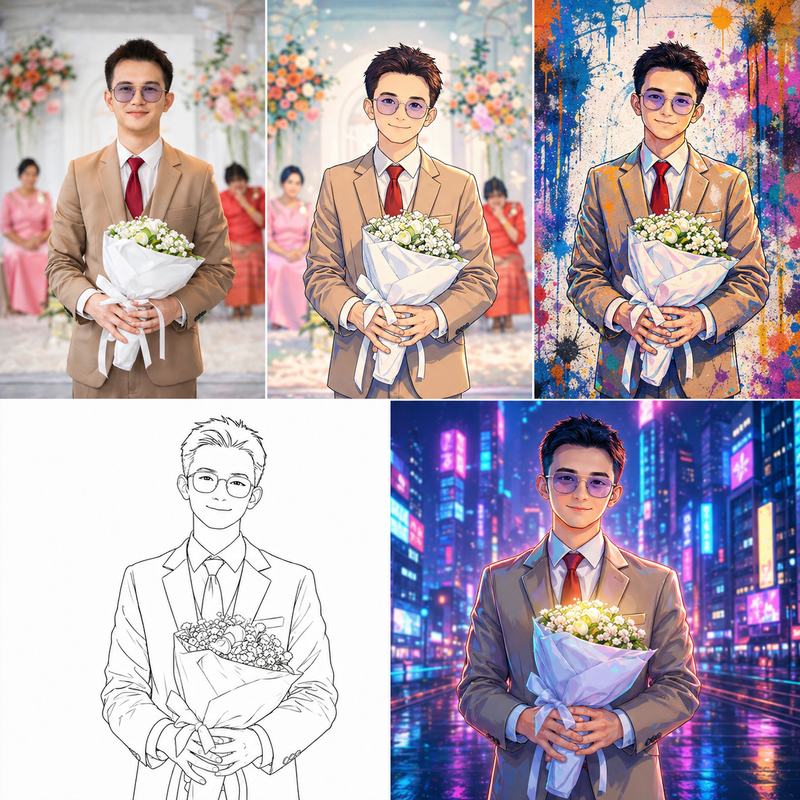 5 Style Portrait Prompt (Same Character Multi-Art Style Grid AI)