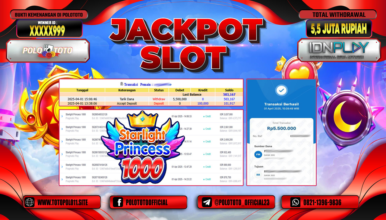 POLOTOTO JACKPOT SLOT STARLIGHT PRINCESS 1000 Rp.5.500.000,- 