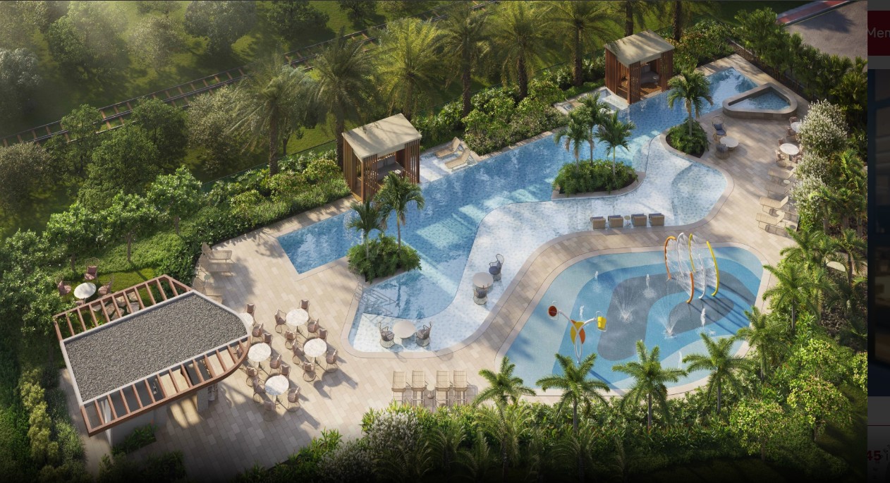 Piscinas adulto e infantil com deck molhado e espreguiçadeiras