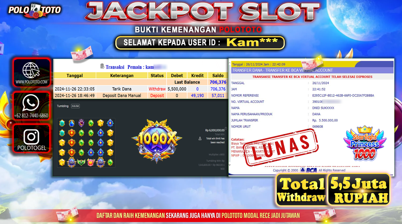 POLOTOTO JACKPOT SLOT STARLIGHT PRINCESS 1000x Rp.5.500.000,-