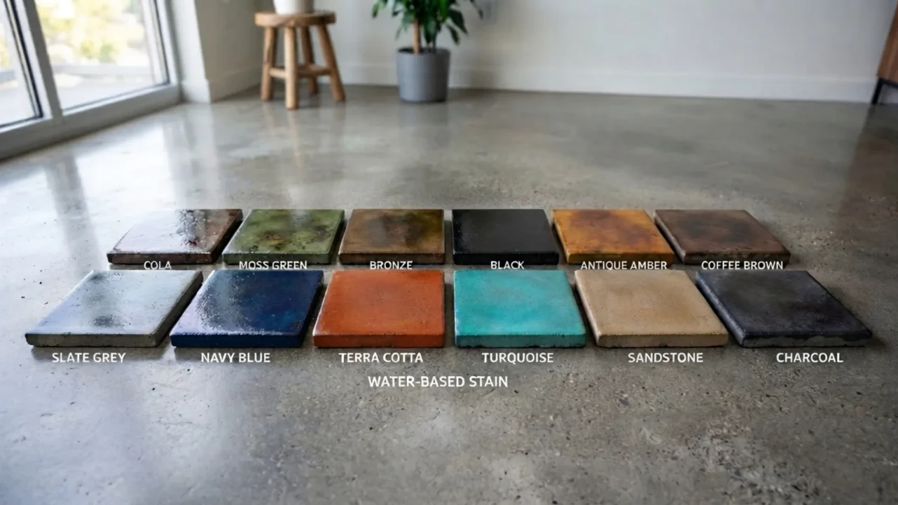 Interior concrete floor color samples acid stain water-based stain comparison