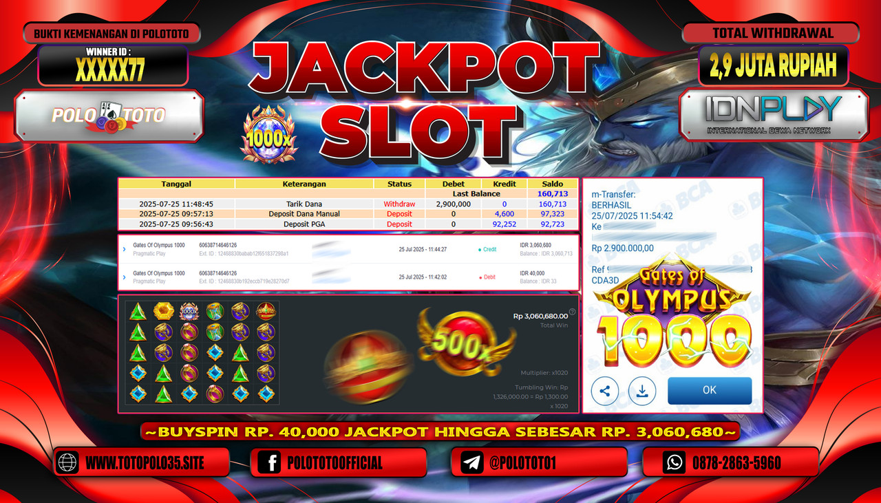 POLOTOTO JACKPOT SLOT GATES OF OLYMPUS 1000 Rp.2.900.000,- LUNAS