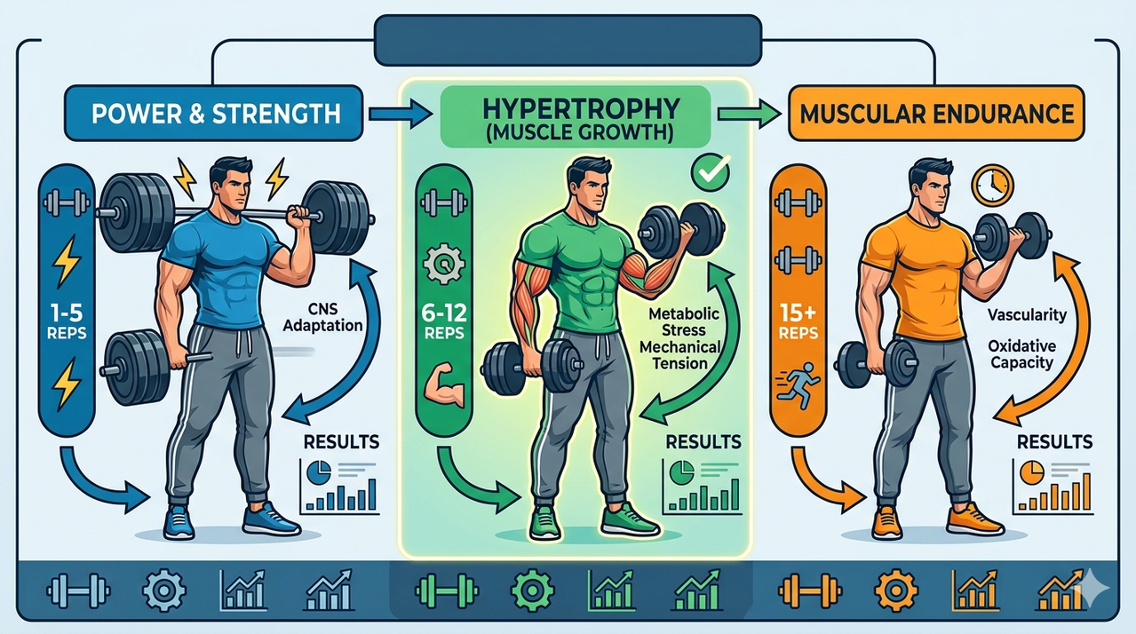 Chart showing optimal rep ranges for hypertrophy 6-12 reps with percentages, explaining reps for hypertrophy