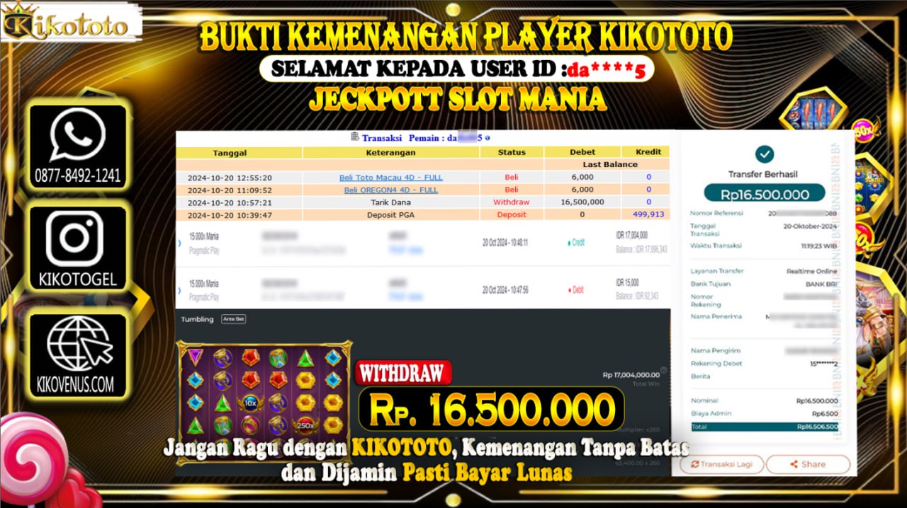 MENANG BESAR DI SLOT MANIA  SEBESAR Rp 16,500,000 LANGSUNG DAN TANPA BASA BASI DI BAYAR KIKOTOTO !!!