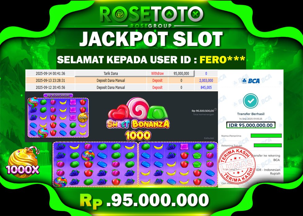 ROSETOTO JACKPOT SLOT SWEET BONANZA 1000 Rp.95.000.000.,- LUNAS