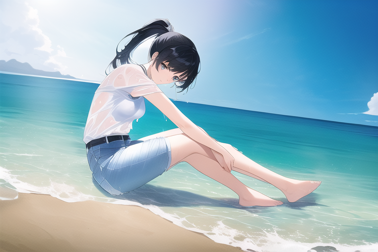 Best quality, masterpiece, small breasts, wet clothes, beautiful light, beach, s s-988988351