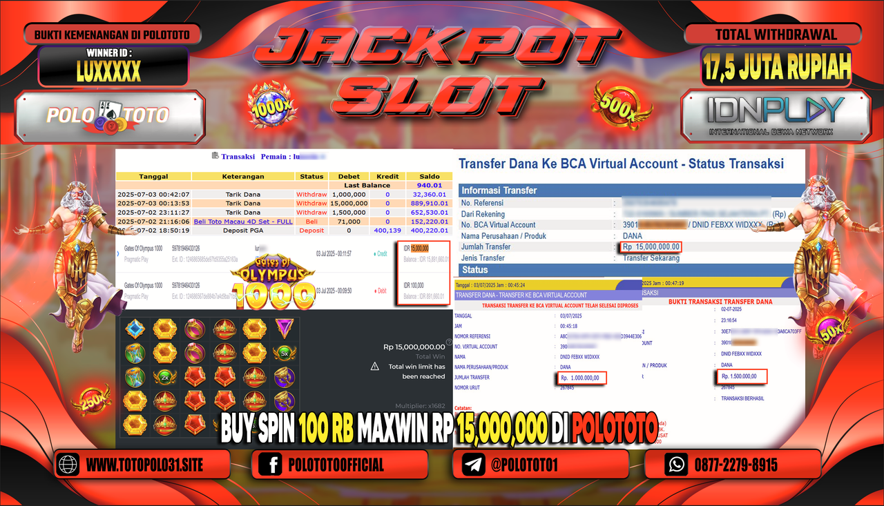 POLOTOTO JACKPOT SLOT GATES OF OLYMPUS 1000 Rp.17.500.000,-