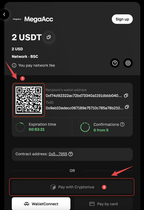 Cryptocurrency payment instructions showing wallet address and QR code for scanning