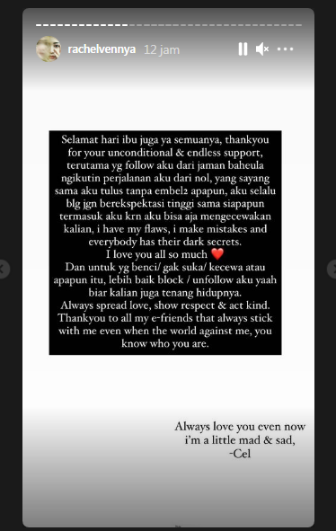 Rachel Vennya tulis pesan panjang untuk para pengikutnya 