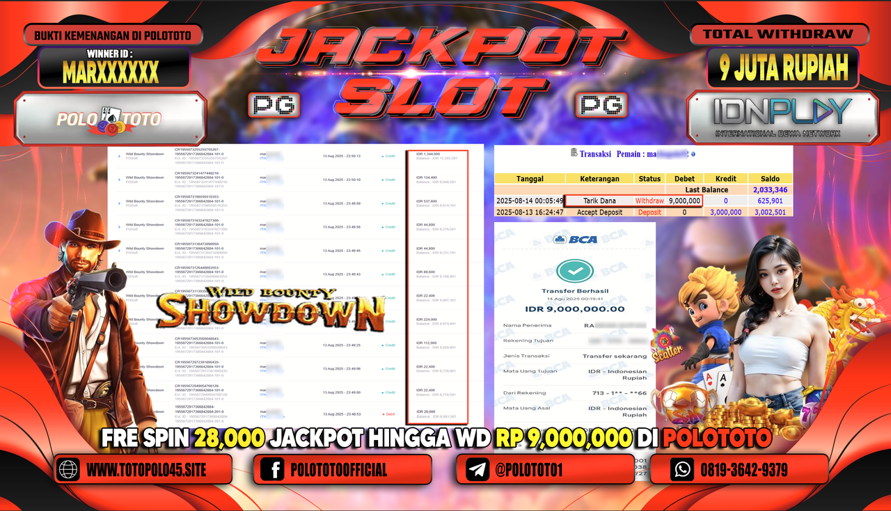 POLOTOTO JACKPOT SLOT WILD BOUNTY SHOWDOWN Rp.9.000.000,-LUNAS