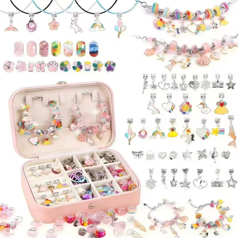134-Piece Colorful pink Craft Set (Includes Beads, Charms, and Storage Case) - Unicorn DIY Bracelet Kit – Creative Jewelry Making Gift for Girls Ages 3+