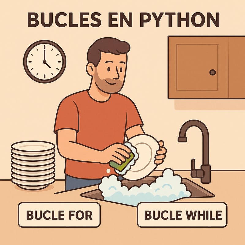 Ilustración que muestra a un hombre lavando una pila de platos para explicar los bucles for y while en Python.