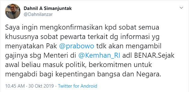 Cuitan juru bicara Prabowo Subianto, Dahnil A Simanjuntak terkait gaji menteri yang diterima Prabowo.