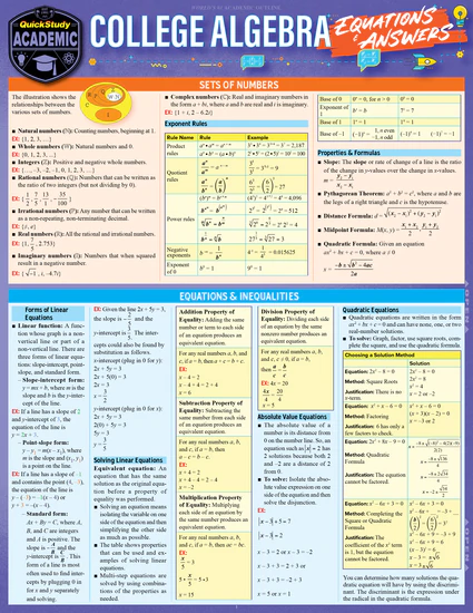 College Algebra: Equations & Answers (Quickstudy Academic)