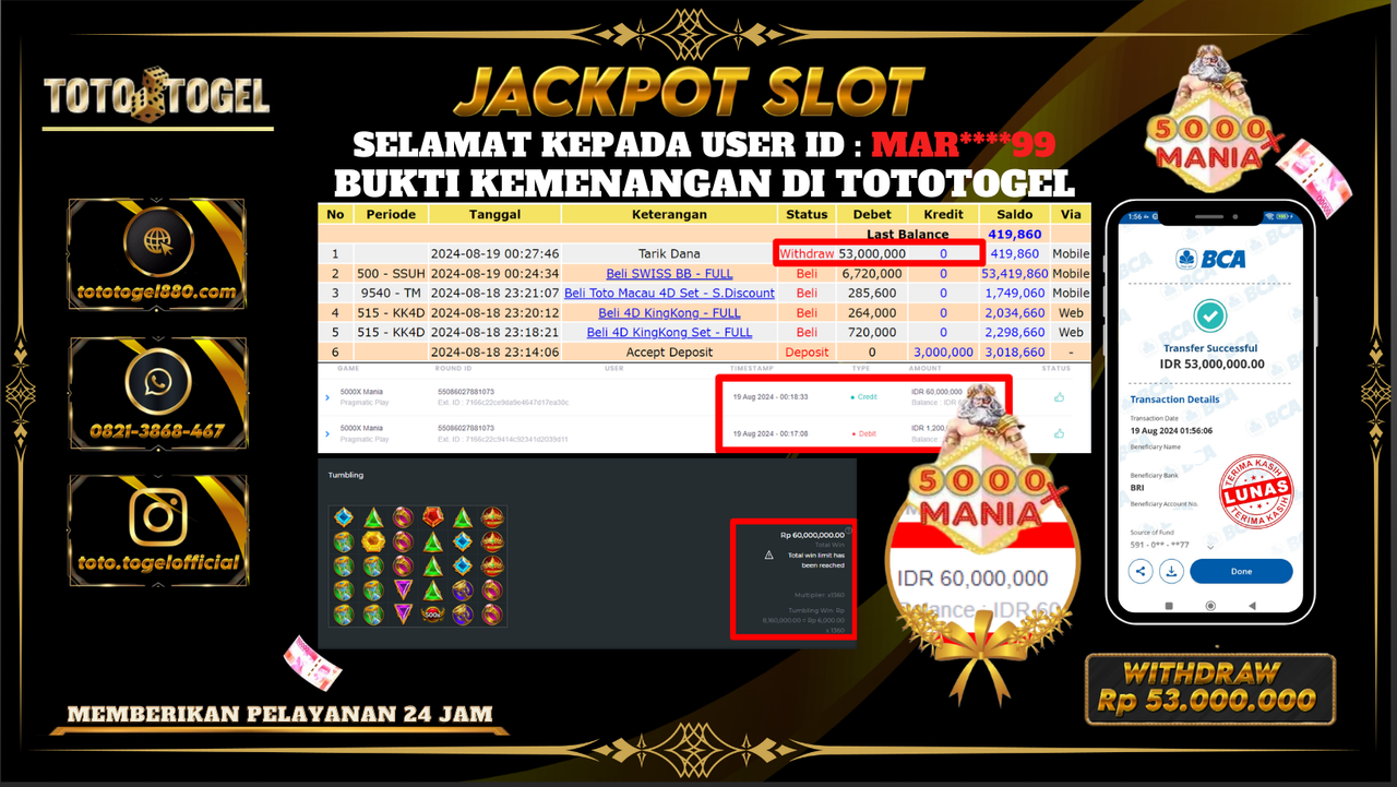 Bukti Pembayaran Permainan SLOT  5000 X MANIA Dengan ID : MAR****99