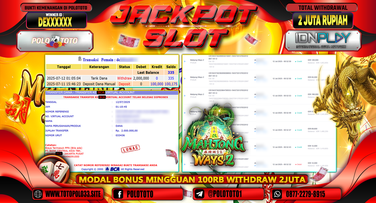 POLOTOTO JACKPOT SLOT MAHJONG WAYS 2 Rp.2.000.000,-