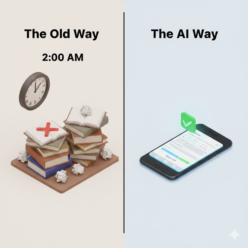 Comparison between traditional messy studying and clean AI-assisted learning