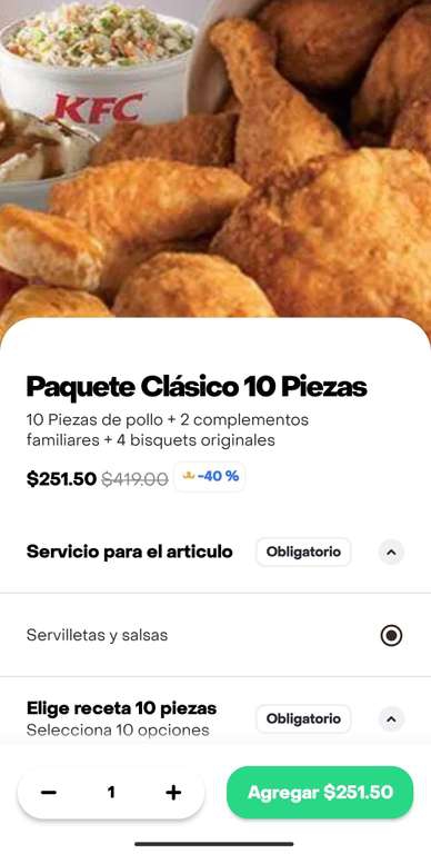 Rappi: Kentucky Paquete Familiar 10 piezas + 4 bisquets + 2 complementos , exclusivo miembros prime 
