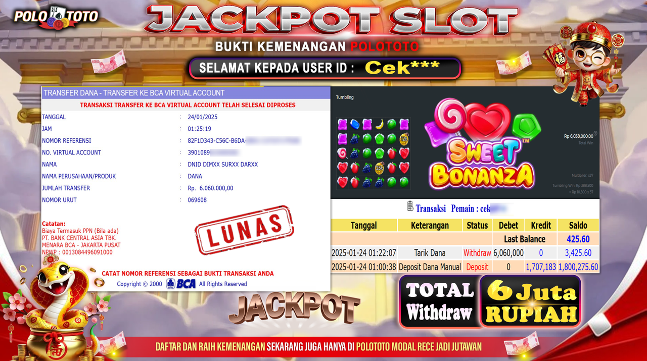 POLOTOTO JACKPOT SLOT SWEET BONANZA 1000 Rp.6,060.000,-