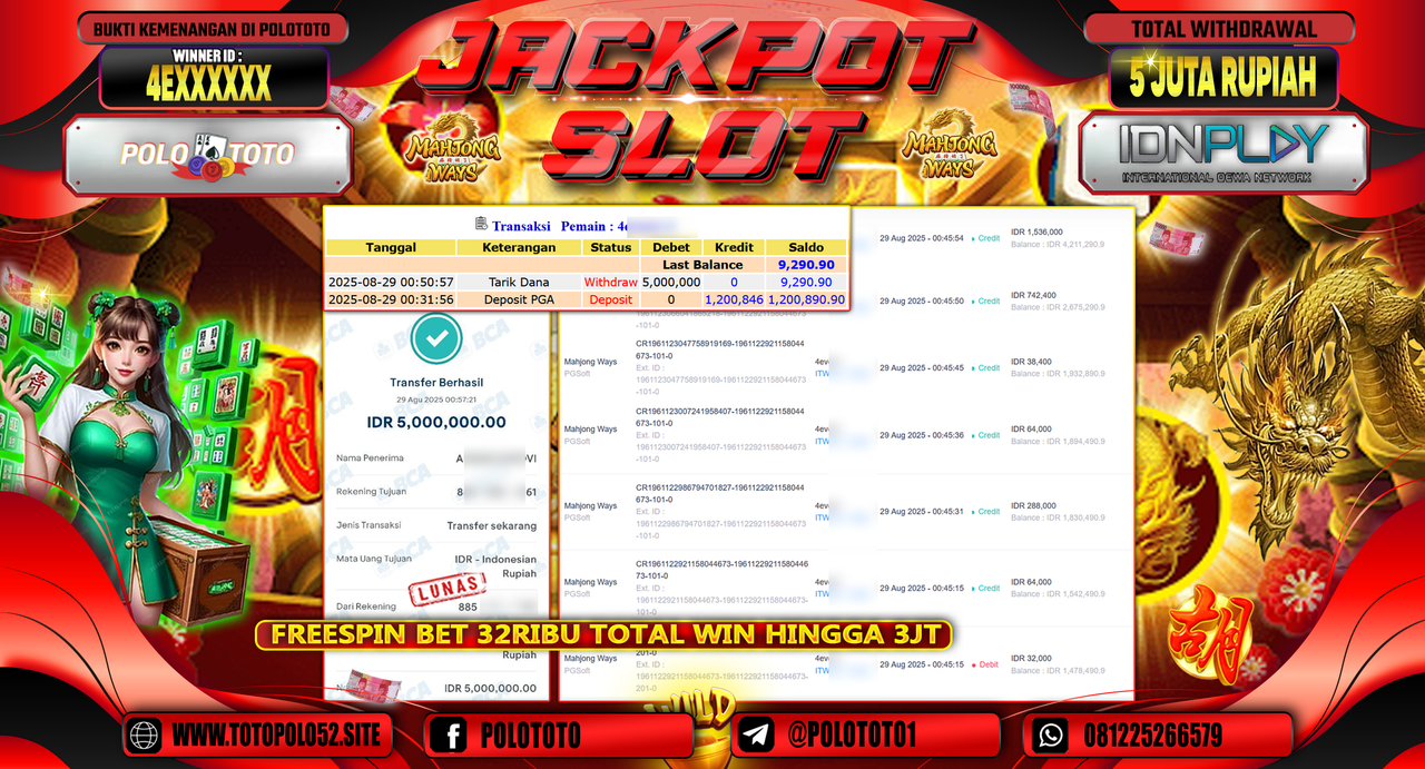POLOTOTO JACKPOT SLOT MAHJONG WAYS Rp.5.000.000,-