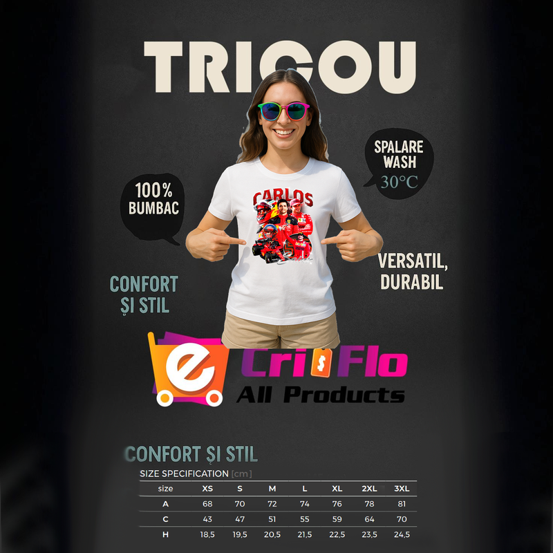 Tricou Carlos Sainz Poster Portret Rosu Ferrari Formula 1, Dama, 100% Bumbac, Cri-Flo, Culoare Alb, Marime S