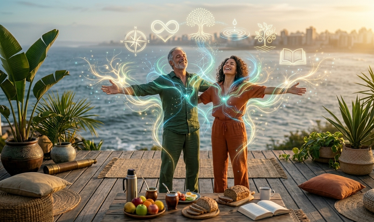 Pareja madura disfrutando de un desayuno saludable al aire libre frente al mar, con gráficos flotantes que simbolizan consejos para vivir en plenitud, bienestar mental y equilibrio del sistema nervioso.