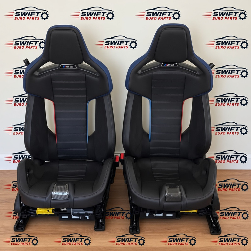 BMW M2 Black Leather Sport Seats Driver + Passenger Blue Bolsters