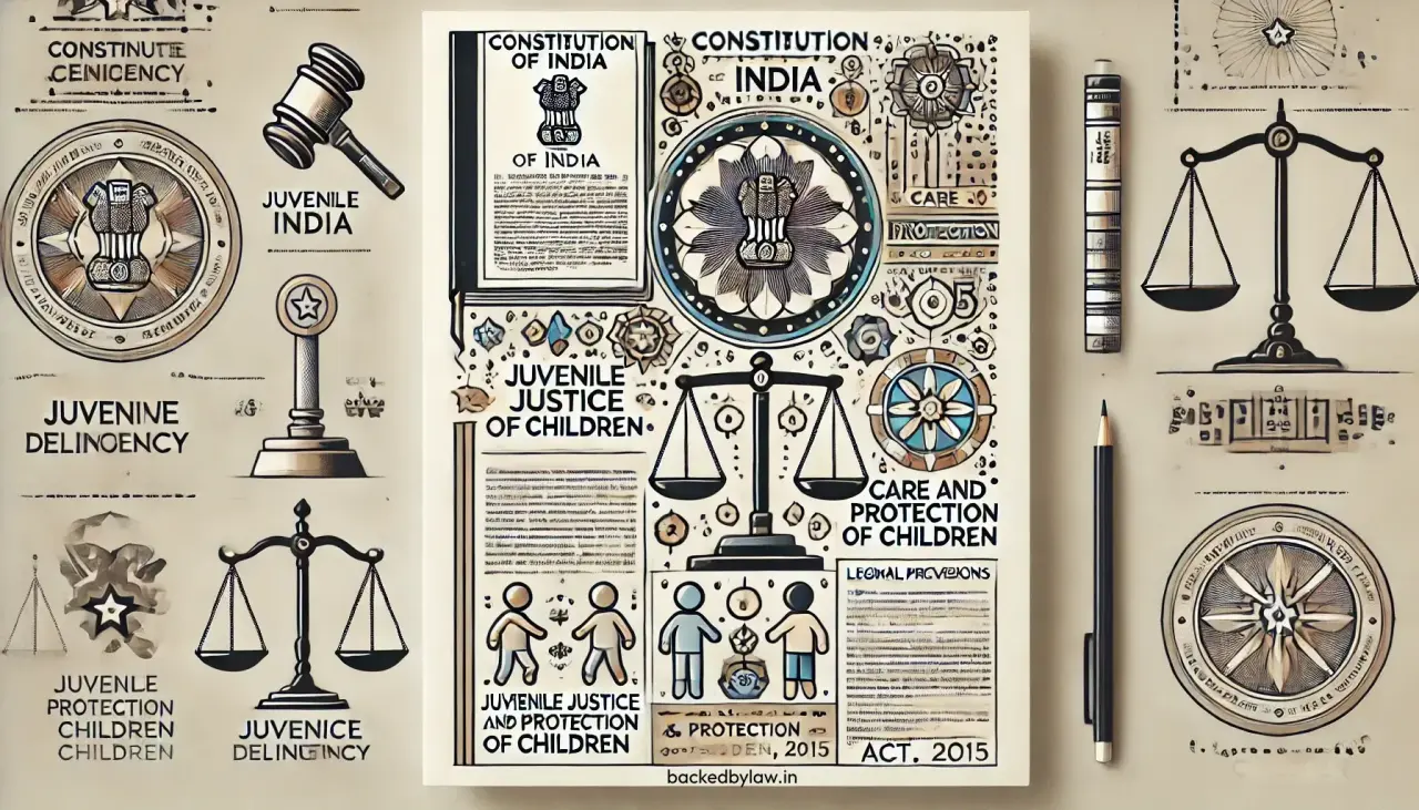 Visual representation of Indian legal provisions addressing juvenile delinquency, including constitutional articles and the Juvenile Justice Act, 2015.