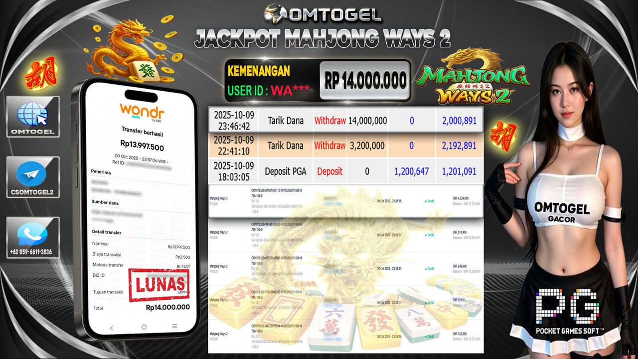 OMTOGEL JACKPOT PGSOFT MAHJONG WAYS 2 14 JUTA DI BAYAR LUNAS ,-