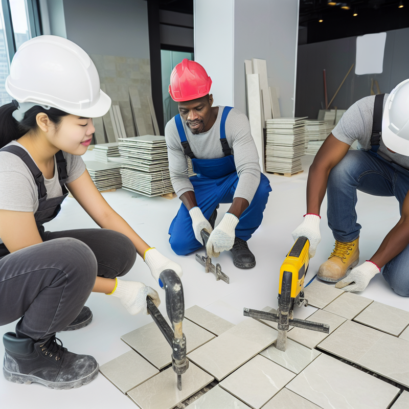 Специалисты выполняют демонтаж керамогранита: защитная экипировка, инструменты, аккуратное снятие плитки, строительная обстановка