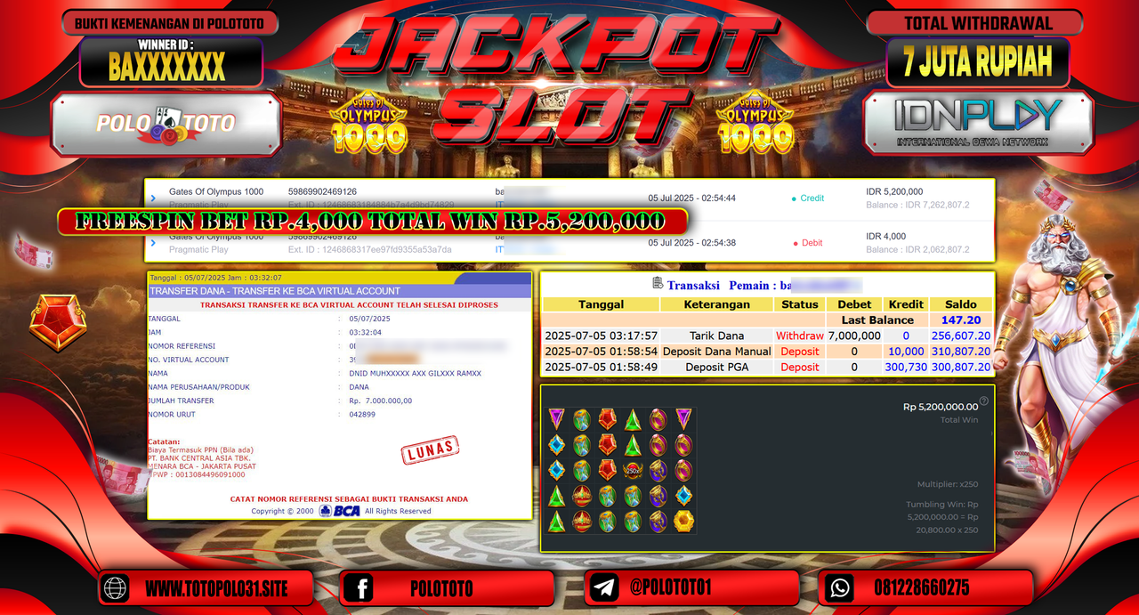 POLOTOTO JACKPOT SLOT GATES OLYMPUS 1000 Rp.7.000.000,-