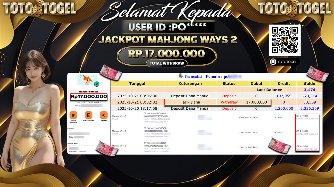 Bukti Pembayaran Jackpot Permainan Slot Mahjong Ways 2  ID:PO**** LUNAS