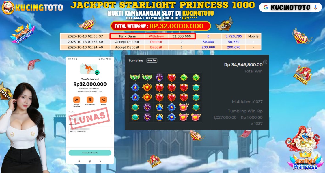 KUCINGTOTO JACKPOT SLOT STARLIGHT PRINCESS 1000 RP.32.000.000.,- LUNAS