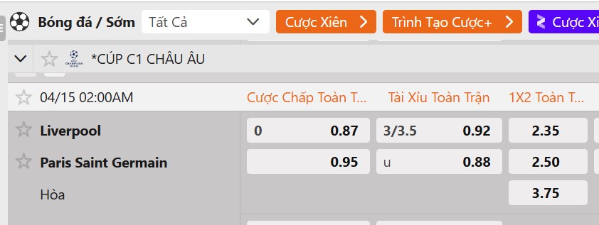 Tỷ lệ kèo Liverpool vs PSG