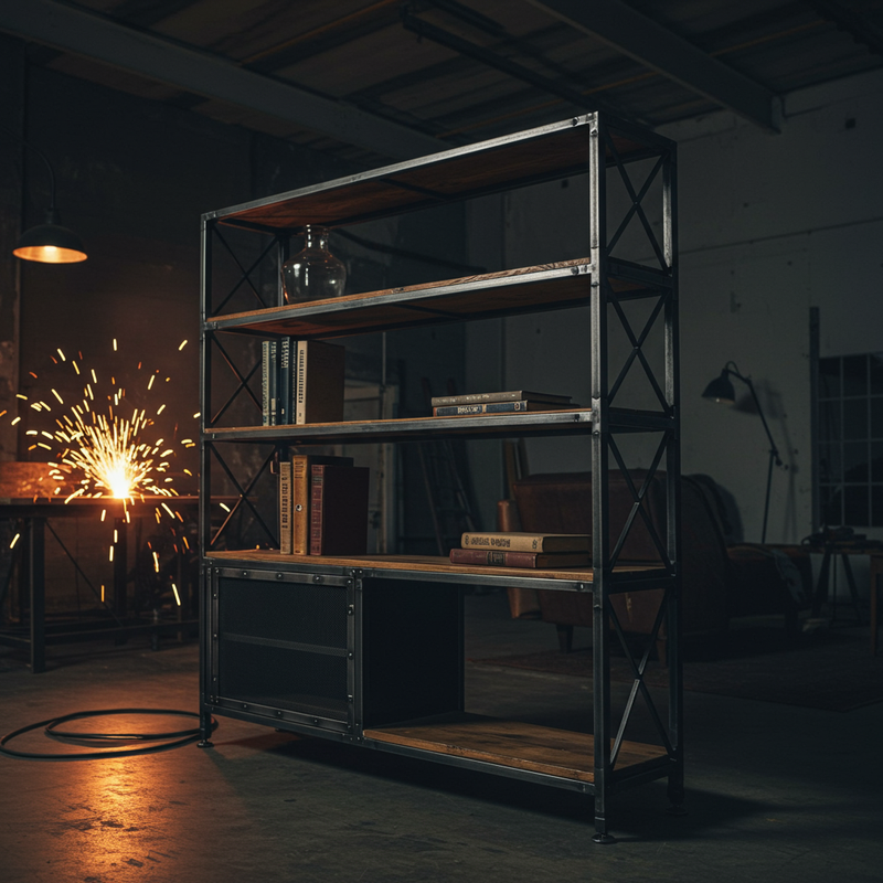 Sala de estar com móveis de estilo industrial feitos de metal e madeira