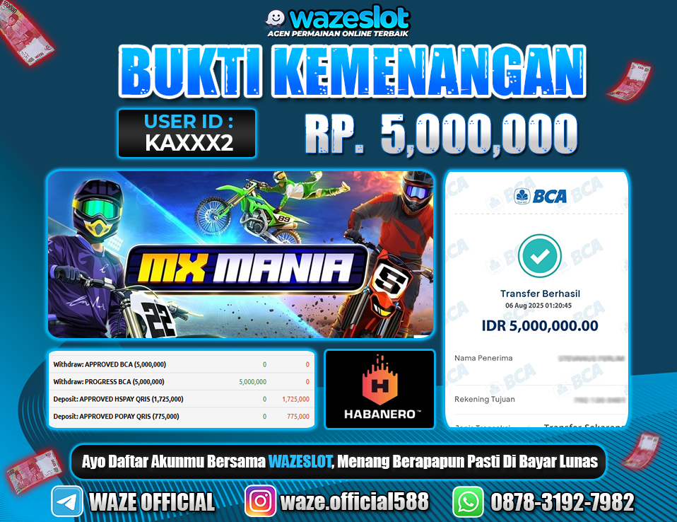 BUKTI KEMENANGAN 6 AGUSTUS 2025 GAME MX MANIA  ( HABANERO )