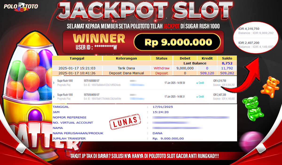 POLOTOTO JACKPOT SLOT SUGAR RUSH 1000 Rp.9,000.000,-
