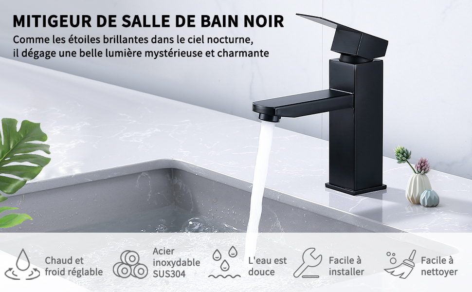Robinet De Lavabo Salle De Bain Mono-commande - Acier Inoxydable SUS304, Cartouche Céramique, économique En Eau, Noir