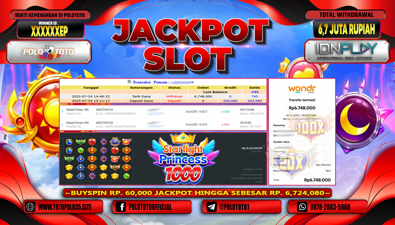 POLOTOTO JACKPOT SLOT STARLIGHT PRINCESS 1000 Rp.6.700.000,-