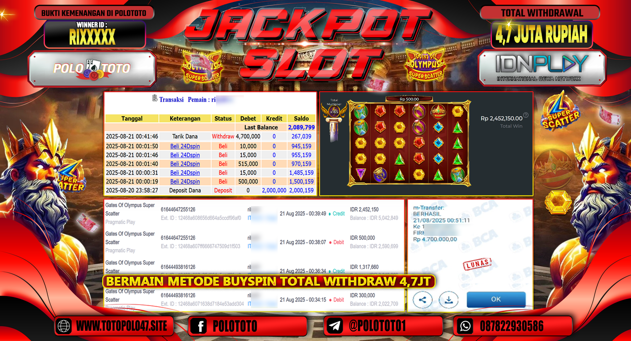 POLOTOTO JACKPOT SLOT GATES OF OLYMPUS SUPER SCATTER  Rp.4.700.000,-