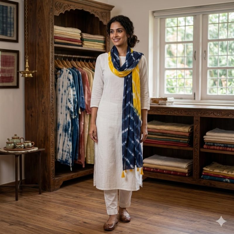 Yellow Blue Bliss Tie & Dye MulMul Cotton Dupatta
