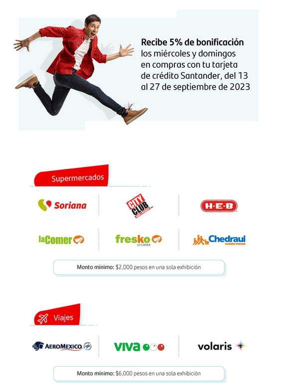 Santander: 5% de bonificación en supermercados y viajes los miércoles y domingos