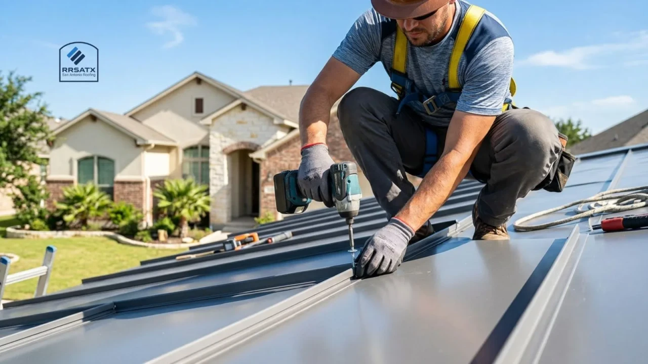 Roofing contractor installing metal panel fasteners correctly on a San Antonio home