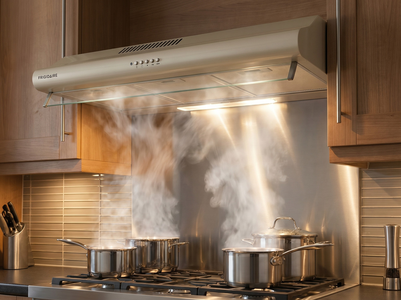 Extractor compacto Frigidaire de 31.5 pulgadas empotrado bajo gabinete en un diseño de cocina clásico y ordenado