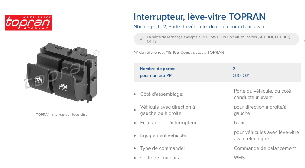 Interrupteur de vitre de porte Remplacement du bouton de commande