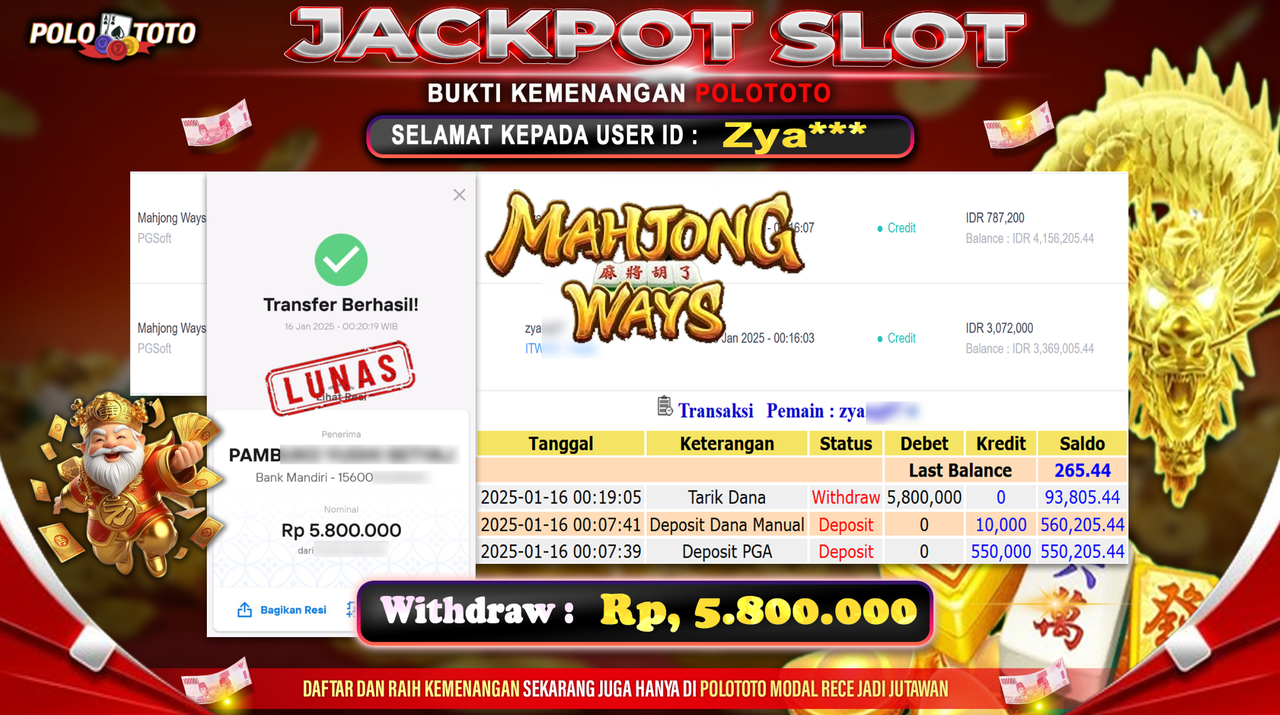 POLOTOTO JACKPOT SLOT MAHJONG WAYS Rp.5,800.000,-