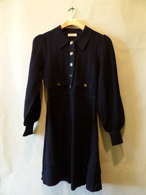 SANDRO LONG SLEEVE PLEATED KNIT DRESS NAVY SIZE EU38 US8 WOMENS